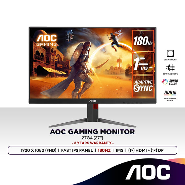 AOC 27G4 27” Full HD 180Hz HDR10 Gaming Monitor | Adaptive Sync | Fast IPS Panel | 1920x1080 (FHD)