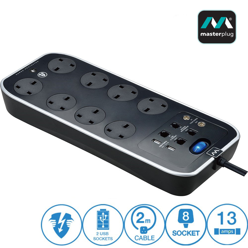 Masterplug Surge Protector 8 Gang 2 USB 3.1A 2 Meter Extension Leads S ...