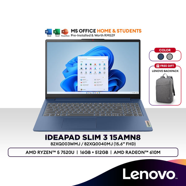 Lenovo IdeaPad 3 Slim 15AMN8 15.6" Laptop (AMD Ryzen 5 7520U | 16GB | 512GB SSD | AMD Radeon 610M | H&S) 82XQ003WMJ/40MJ