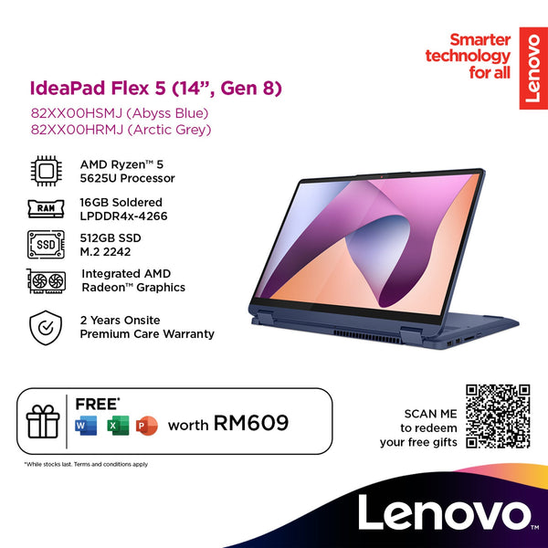 Lenovo IdeaPad Flex 5 14ABR8 14" WUXGA (T) Laptop (AMD Ryzen™ 5 5625U | 16GB | 512GB SSD | AMD Radeon™ Graphics | W11)