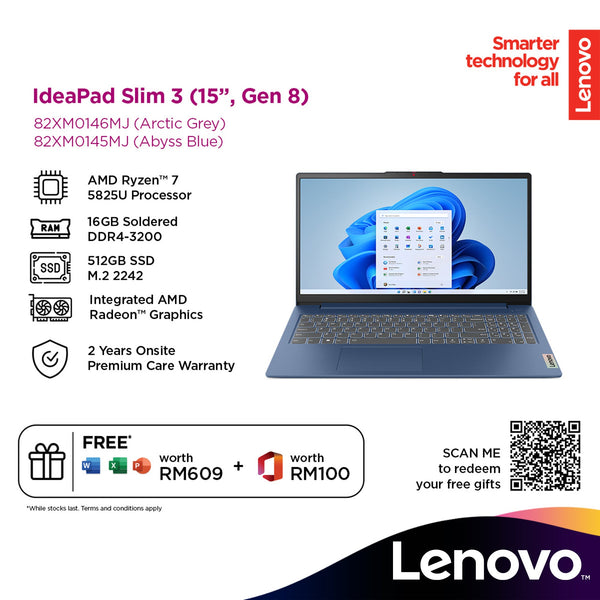 Lenovo IdeaPad Slim 3 15ABR8 15.6" FHD Laptop (AMD Ryzen™ 7 5825U | 16GB | 512GB SSD | AMD Radeon™ Graphics | H&S | W11)