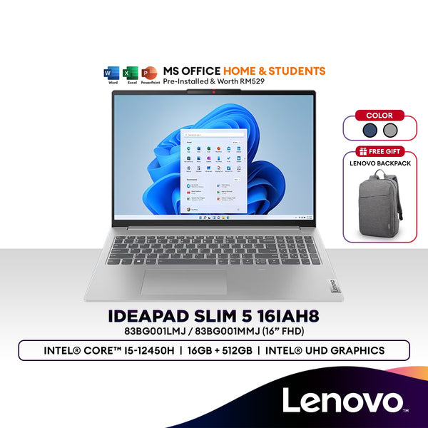 Lenovo IdeaPad Slim 5 16IAH8 16" FHD Laptop (Intel Core i5-12450H | 16GB | 512GB SSD | Intel UHD | H&S) 83BG001LMJ/1MMJ
