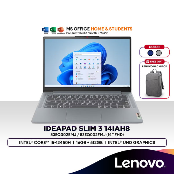 Lenovo IdeaPad Slim 3 14IAH8 14" Laptop (Intel i5-12450H | 16GB | 512GB SSD | Intel UHD Graphics | H&S) 83EQ002EMJ/2FMJ