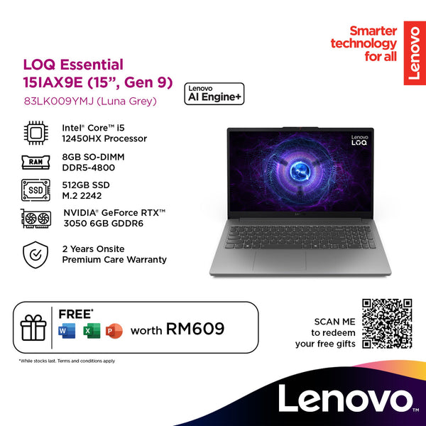 Lenovo LOQ 15IAX9E 15.6" FHD 144Hz Gaming Laptop (Intel® Core i5-12450HX | 8GB | 512GB SSD | GeForce RTX™ 3050 | W11)