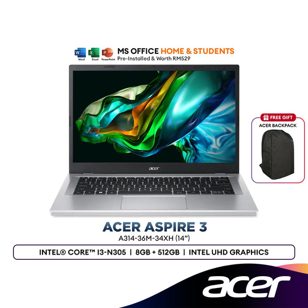 Acer Aspire 3 A314-36M-34XH 14" Laptop (Intel® Core™ i3-N305 | 8GB | 512GB SSD | Intel UHD Graphics | H&S)