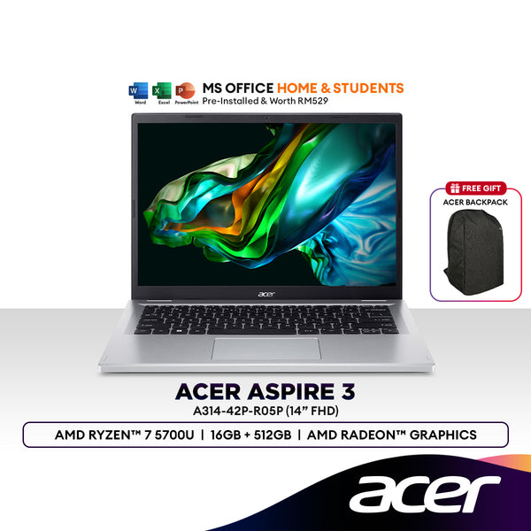 Acer Aspire 3 A314-42P-R05P 14" FHD Laptop (AMD Ryzen™ 7 5700U |16GB | 512GB SSD | AMD Radeon™ Graphics | H&S)
