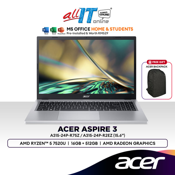 Acer Aspire 3 15.6" Laptop (AMD Ryzen 5 7520U | 16GB | 512GB SSD | AMD Radeon Graphics | H&S) A315-24P-R75Z/ R2EZ
