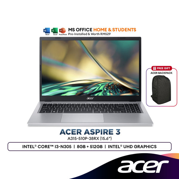Acer Aspire 3 A315-510P-38RX 15.6" FHD Laptop (Intel® Core™ i3-N305 | 8GB | 512GB SSD | Intel UHD Graphic | H&S)