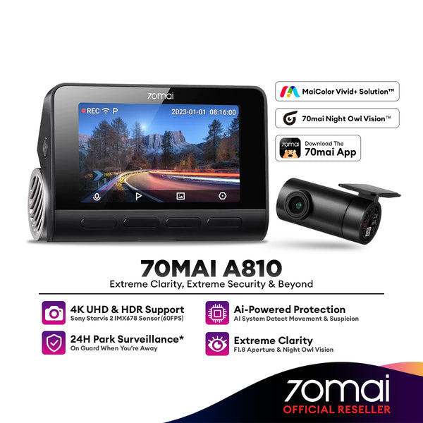 70mai A810 Car Recorder Dash Cam 4K UHD with Sony Starvis 2 IMX678 Support Dual Channel Recording (Front + Rear) & HDR