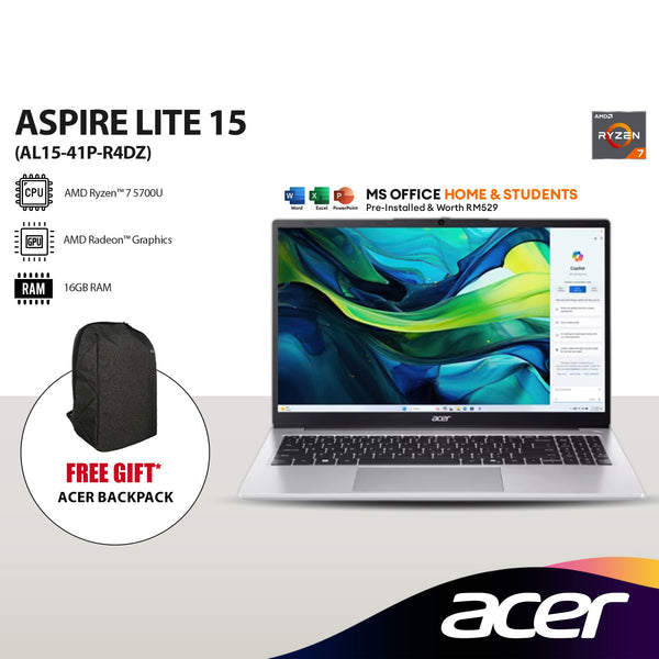 Acer Aspire Lite 15 AL15-41P-R4DZ 15.6" FHD Laptop (AMD Ryzen™ 7 5700U | 16GB | 512GB SSD | AMD Radeon™ Graphics | H&S)