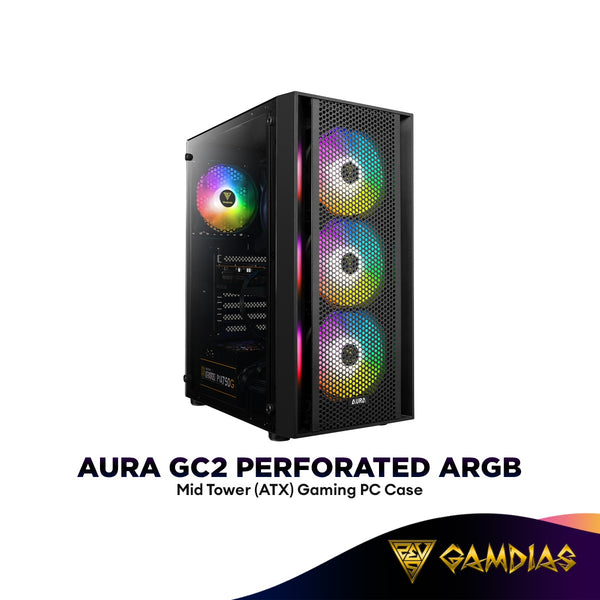 GAMDIAS AURA GC2 Perforated ARGB Tempered Glass Mid Tower (ATX) Gaming PC Casing | Included 4x 120mm ARGB Case Fans