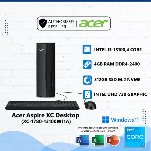 Acer Aspire XC 1780 i3-13100W11 (4GB/256GB SSD) / XC-1780-13100W11A (4GB/512GB SSD) Window 11 Home Desktop PC