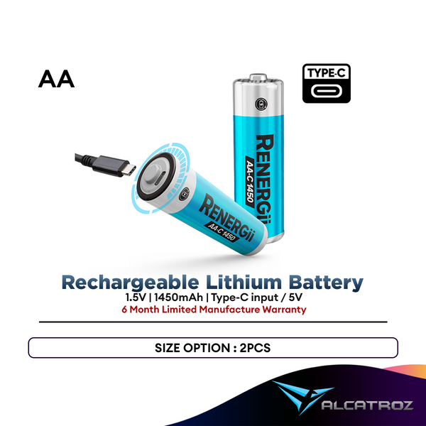 Alcatroz Renergii Rechargeablt Lithium Battery 1.5V 2xAA  Type-C Recharg 1450mAh W/Cable