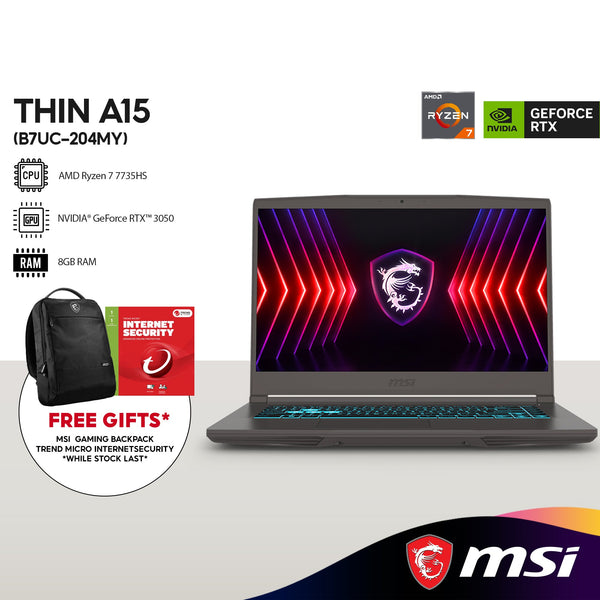 MSI Thin A15 B7UC-204MY 15.6" FHD Gaming Laptop (AMD Ryzen 7 7735HS  | 8GB | 512GB SSD |  NVIDIA® RTX™ 3050 | W11)