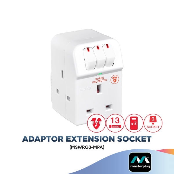 Masterplug Surge Protector 3 Gang 13Amp Individually Switched Adaptor Safety Shuttered Extension Socket (MSWRG3-MPA)