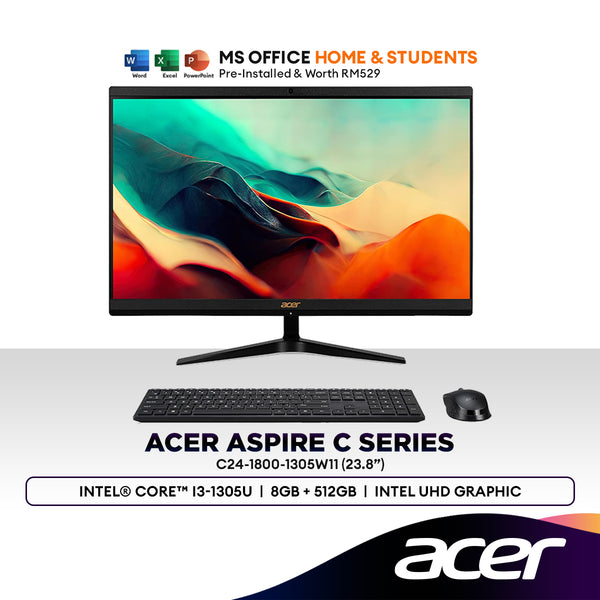 ACER ASPIRE C24-1800-1305W11 23.8" ALL IN ONE DESKTOP PC (Intel i3-1305U, 8GB, 512GB SSD, Intel UHD Graphics, W11H)