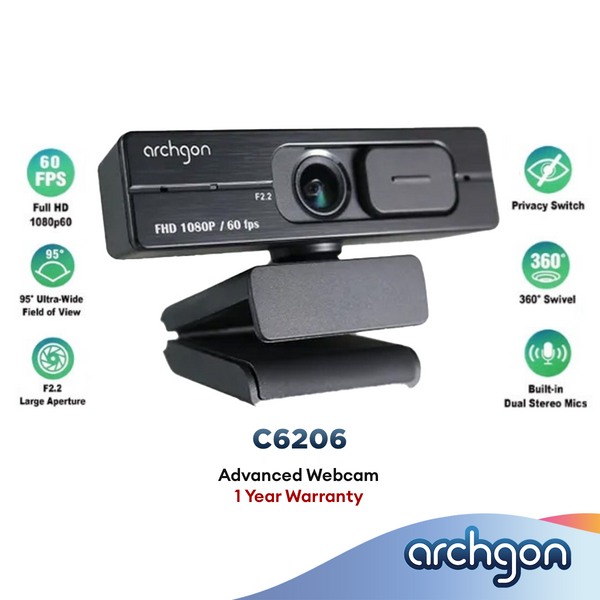 Archgon Full HD 1080p 60fps Advanced Webcam F2.2 Aperture with Built-in Dual Stereo Microphones (C6206)