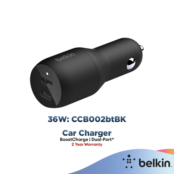 Belkin BoostCharge Dual USB-C Car Charger 36W CCB002btBK