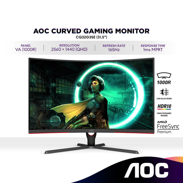 AOC CQ32G3SE 31.5" QHD 165Hz Curved Gaming Monitor | VA | AMD FreeSync Premium | HDR10 | 1ms