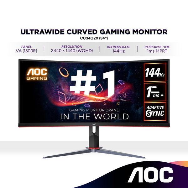 AOC CU34G2X 34" WQHD 144Hz Ultrawide Curved Gaming Monitor | VA | AdaptiveSync | HDR10 | 1ms