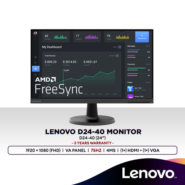 Lenovo D24-40 24" FHD (VA Panel) 75Hz Monitor | AMD FreeSync | Low Blue Light | Office & Home Monitor | 67A2KAC6MY