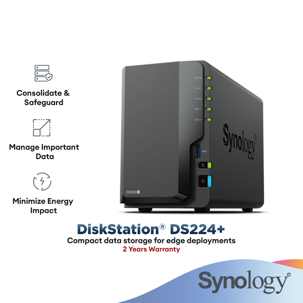 Synology DS224+ NAS DiskStation 2-Bays with Quad Core CPU, 2GB Memory, 2-Bays NAS Data BackUp Storage