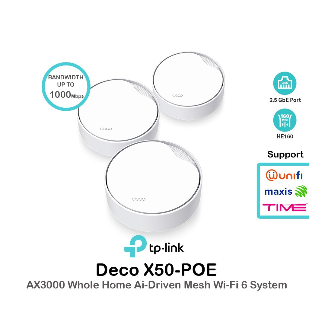 TP-Link Deco X50-PoE AX3000 Dual Band WiFi 6 Whole Home Wireless AI-Dr ...