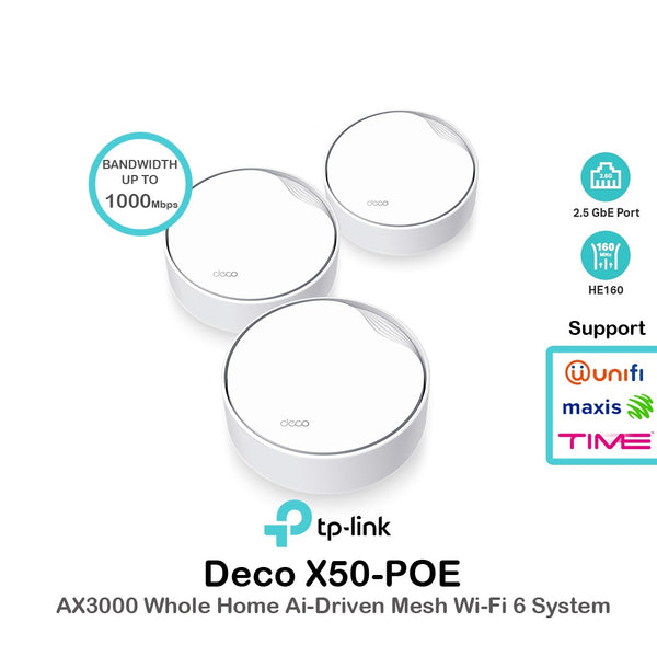 TP-Link Deco X50-PoE AX3000 Dual Band WiFi 6 Whole Home Wireless AI-Driven Mesh Router ( compatible with Wi-Fi Deco X20, X50, X60)