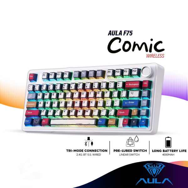 AULA F75 Wireless 75% Mechanical Gaming Keyboard with Comic Keycaps, Tri-Mode, Gasket Structure, Hot-swappable, RGB