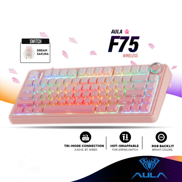AULA F75 Wireless Mechanical Gaming Keyboard with Tri-Mode Connection, RGB Backlit, Gasket, Dream Sakura Linear Switch
