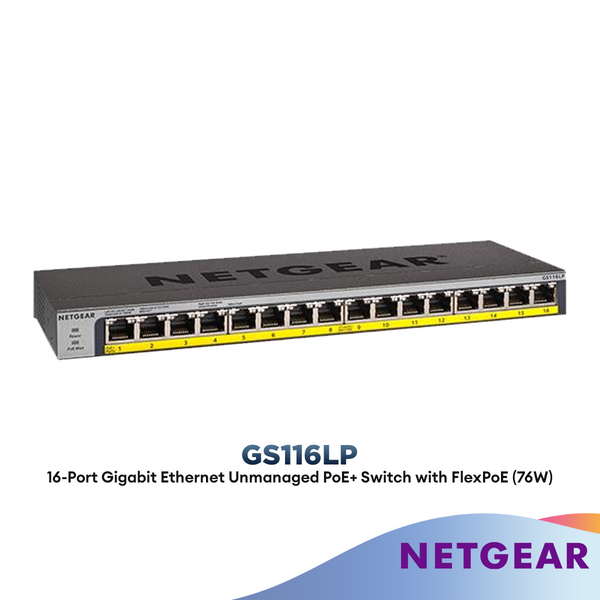 Netgear GS116LP 16-Port Gigabit Ethernet Unmanaged PoE Switch - with 16 x PoE+ @ 76W