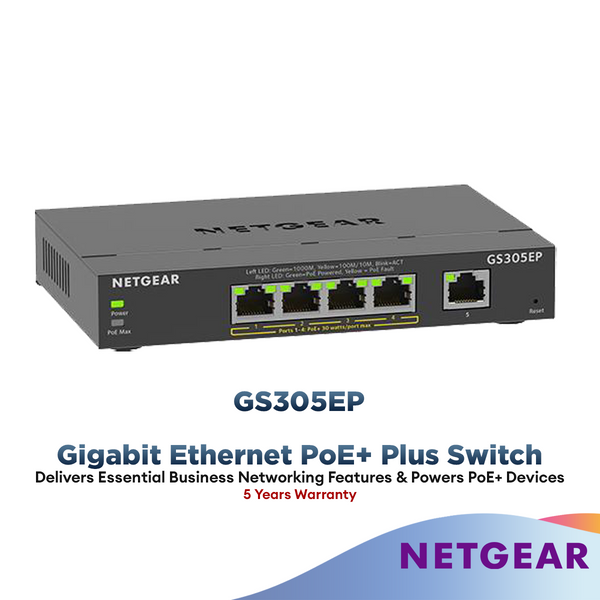Netgear 5 Port Gigabit Ethernet Smart Managed Plus Poe Switch (GS305EP) - With 4 X Poe+ @ 63W, Desktop/Wall Mount
