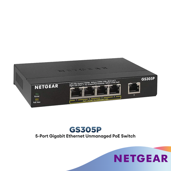 Netgear GS305P 5-Port Gigabit Ethernet Unmanaged PoE Switch - with 4 x PoE @ 55W