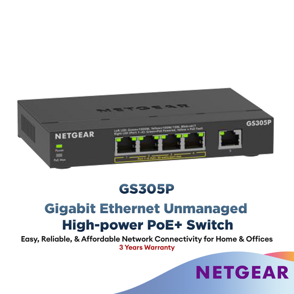 Netgear 5-Port Gigabit Ethernet Unmanaged Poe Switch (GS305P) - With 4 X Poe @ 55W, Desktop, Sturdy Metal Fanless Housing