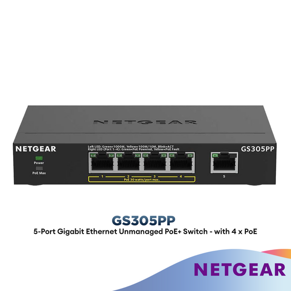 Netgear GS305PP 5-Port Gigabit Ethernet Unmanaged PoE+ Switch - with 4 x PoE @ 83W