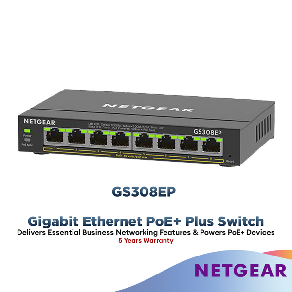 Netgear 8 Port Gigabit Ethernet Smart Managed Plus PoE Switch (GS308EP) - with 8 x PoE+ @ 62W, Desktop/Wall mount
