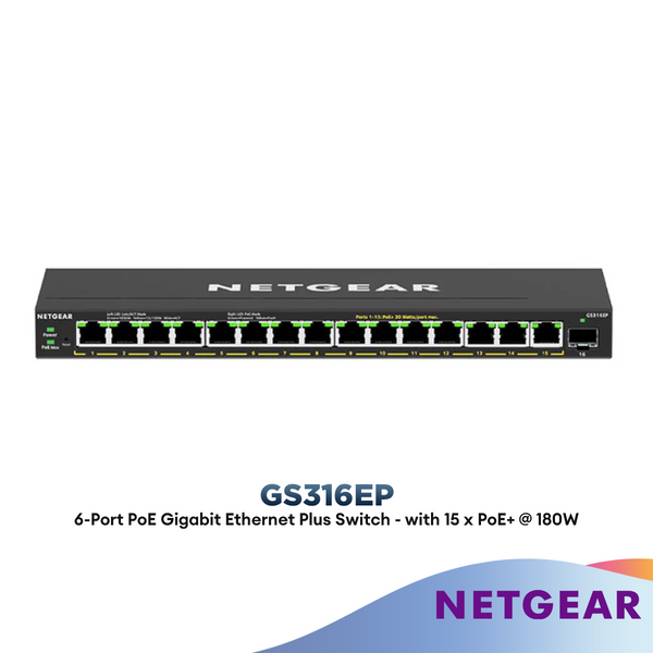 Netgear GS316EP 16-Port PoE Gigabit Ethernet Plus Switch - with 15 x PoE+ @ 180W