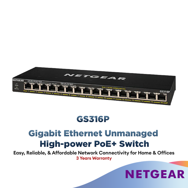 Netgear 16-Port Gigabit Ethernet Unmanaged Poe+ Switch (GS316P) - With 16 X Poe+ @ 115W, Desktop/Wallmount, Sturdy Metal