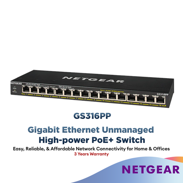 Netgear 16-Port Gigabit Ethernet Unmanaged High-Power Poe+ Switch With 183W Poe Budget (GS316PP)