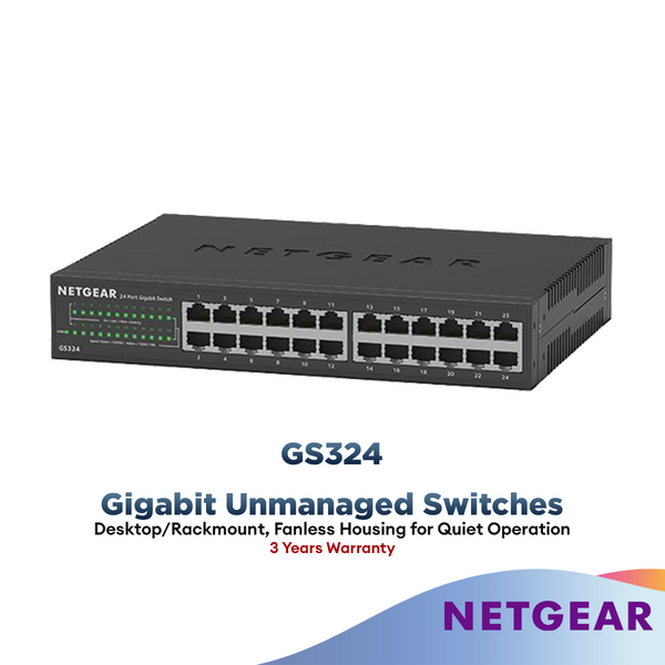 Netgear 24-Port Gigabit Ethernet Unmanaged Switch (GS324) - Desktop, Wall, or Rackmount, Silent Operation