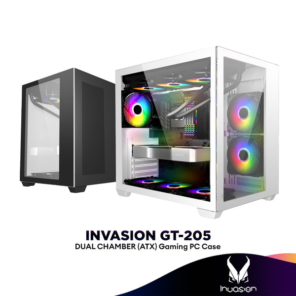 Invasion GT205 Dual Chamber Tempered Glass Mid Tower (ATX) Gaming PC Casing | Included 6x 120mm ARGB Case Fans