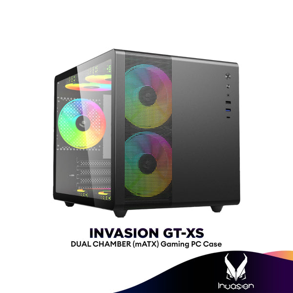 Invasion GT-XS Dual Chamber Tempered Glass Micro ATX (mATX) Gaming PC Casing | Included 3x 120mm ARGB Case Fans