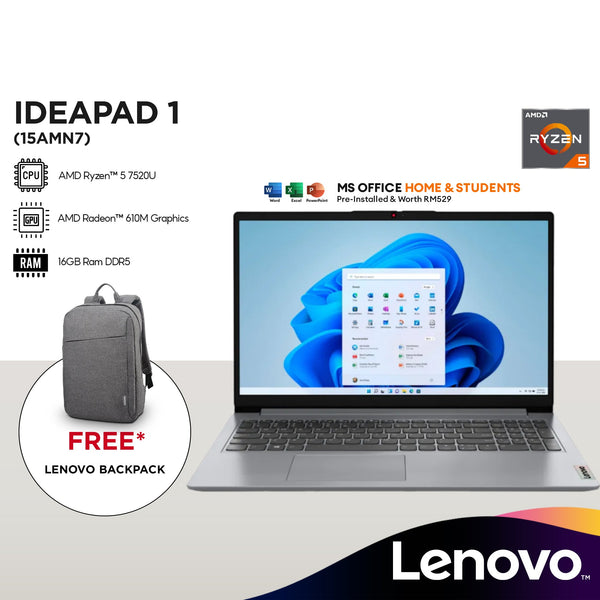 Lenovo IdeaPad 1 15AMN7 15.6" FHD Laptop (AMD Ryzen™ 5 7520U | 16B | 512GB SSD | AMD  Radeon™ 610M Graphics | H&S | W11)