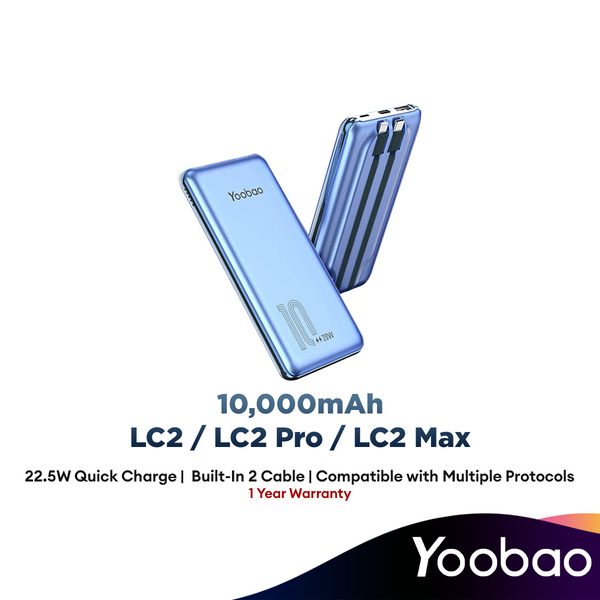 Yoobao LC2 / LC2 Pro / LC2 Max 22.5W Powerbank 10000mAh Original Fast Charging Built-In 2 Cables Power Bank Original Ultra Slim
