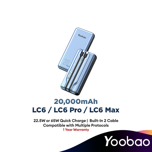 Yoobao LC6, LC6 Pro 22.5W | LC6 65W 20000mAh Fast Charging Power Bank Built in Cables (Lightning & Type C) PD65W/QC3.0 60W/SCP22.5W