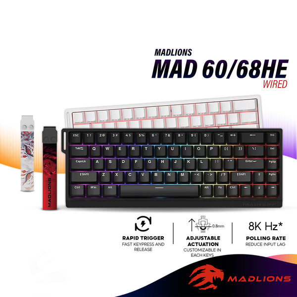 Madlions MAD60HE / MAD68HE Wired RGB Magnetic Switch Gaming Keyboard with Adjustable Actuation, 8K Hz, Rapid Trigger