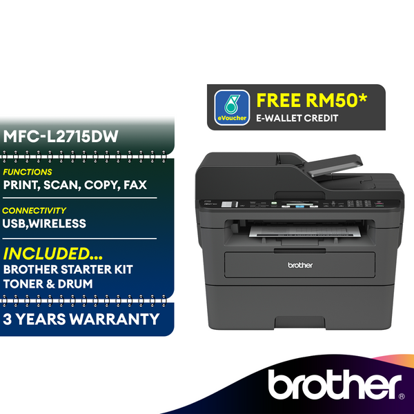 Brother MFC-L2715DW All in One Wireless Mono Laserjet Printer | Auto 2-sided Print | 50 Sheets ADF | Scan,Copy,Fax
