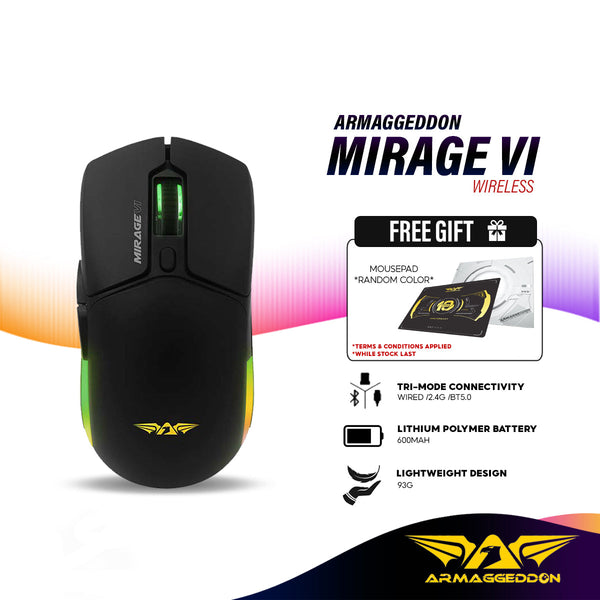 Armaggeddon Mirage VI 2.4G Wireless Gaming Mouse with Tri-Mode Connectivity, Lightweight Design, Built-In 600MAH Battery