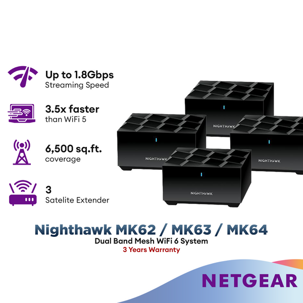 Netgear Nighthawk MK62 / MK63 / MK64 Nighthawk Whole Home Mesh WiFi 6 System AX1800 Router with MS60 Satellite Extender