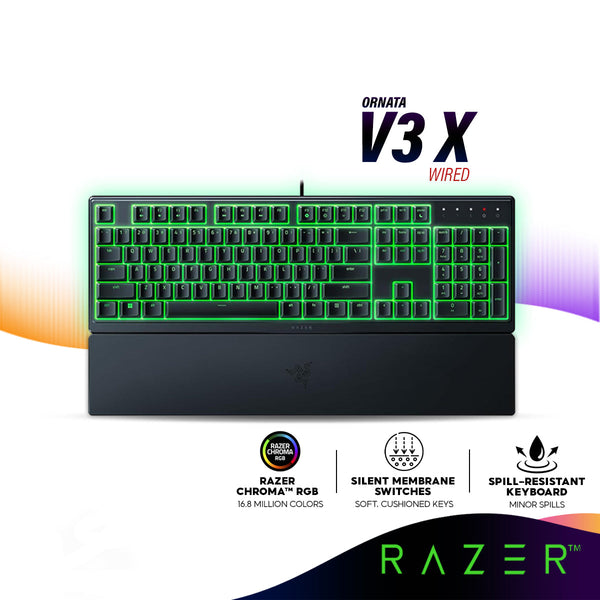 Razer Ornata V3 X Wired Chroma RGB Gaming Keyboard | Silent Membrane Switches | Low Profile Keys | Ergonomic Wrist Rest